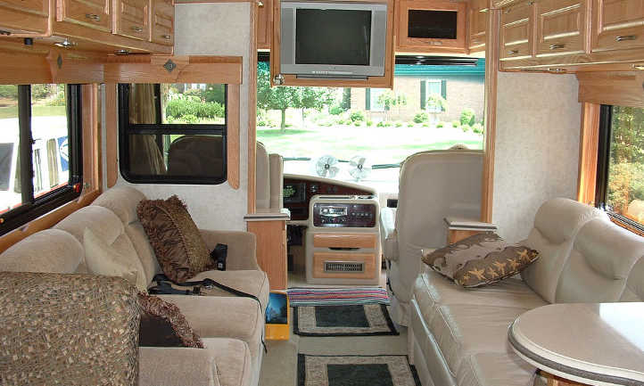 The inside of an RV has lots of light.